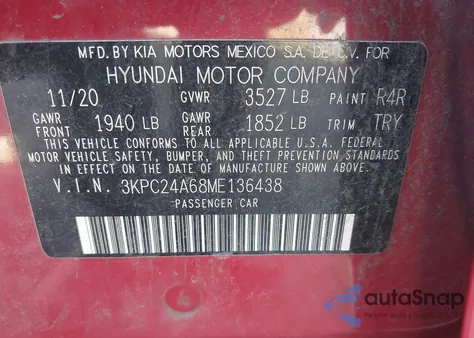 2021 Hyundai Accent Se z USA, uszkodzony, nr VIN 3KPC24A68ME136438